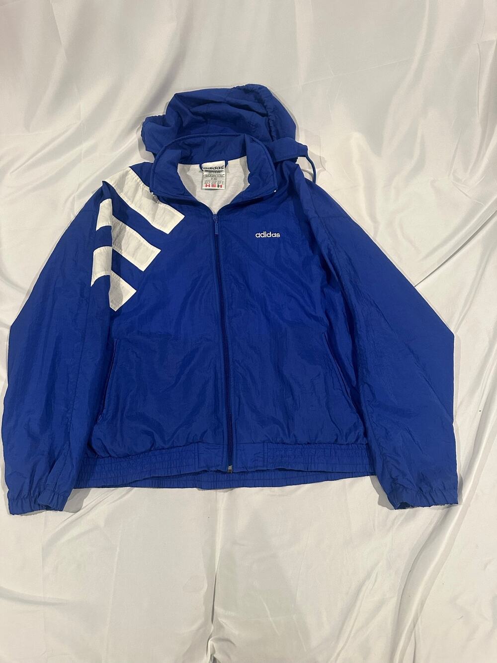 Vintage 90s Adidas Blue Nylon Windbreaker Jacket Big Logo Hideaway Hood Size L